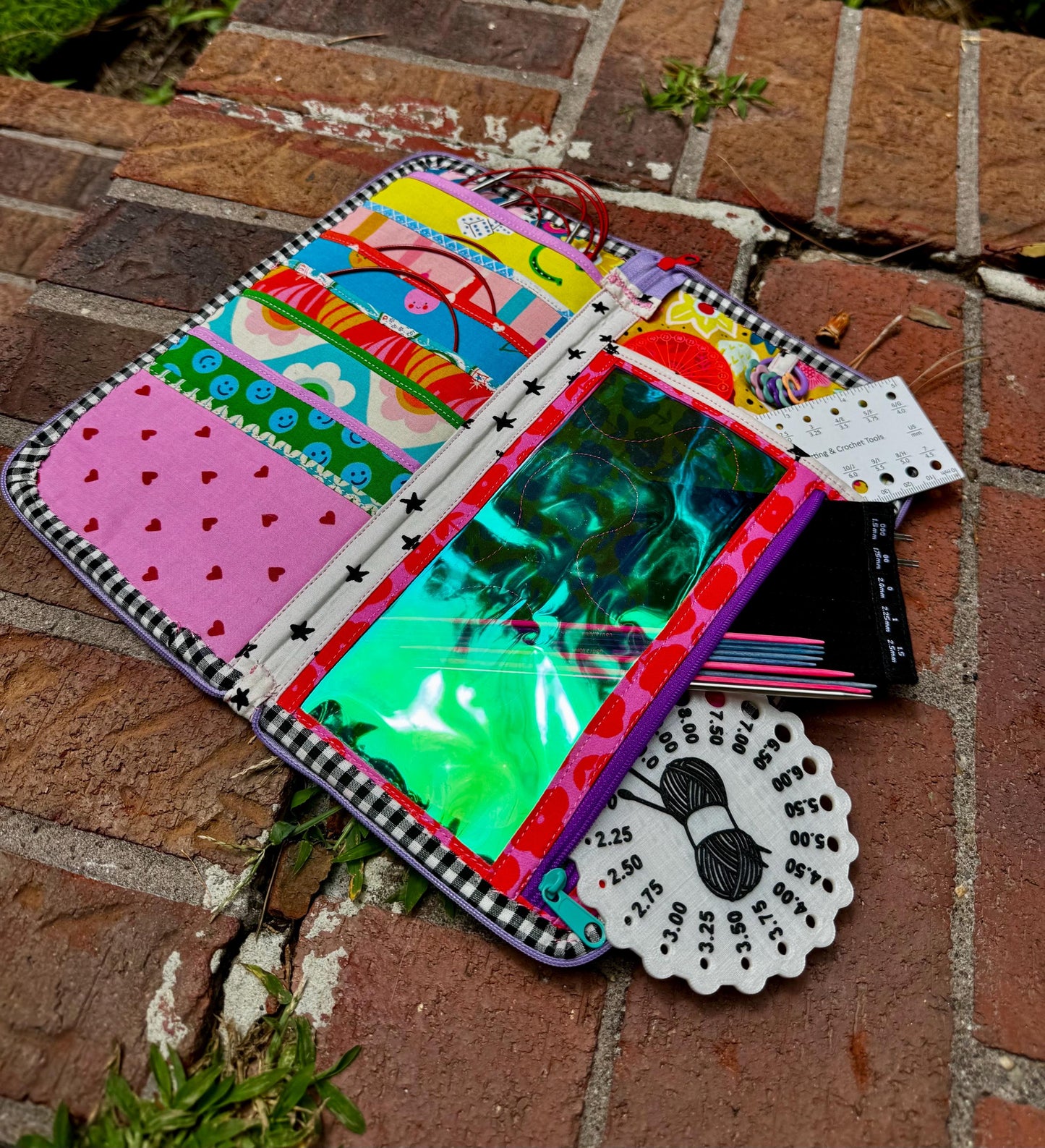 Handmade sock knitting needle organizer for 9” fixed circulars, dpns, and notions